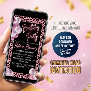 Electronic Pink Leopard Birthday Party Invitation, Editable Video Invitation, Any Age