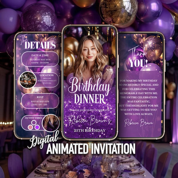 Digital Birthday Dinner Invitation, Purple Birthday Dinner, Editable Invitation, Instant Download