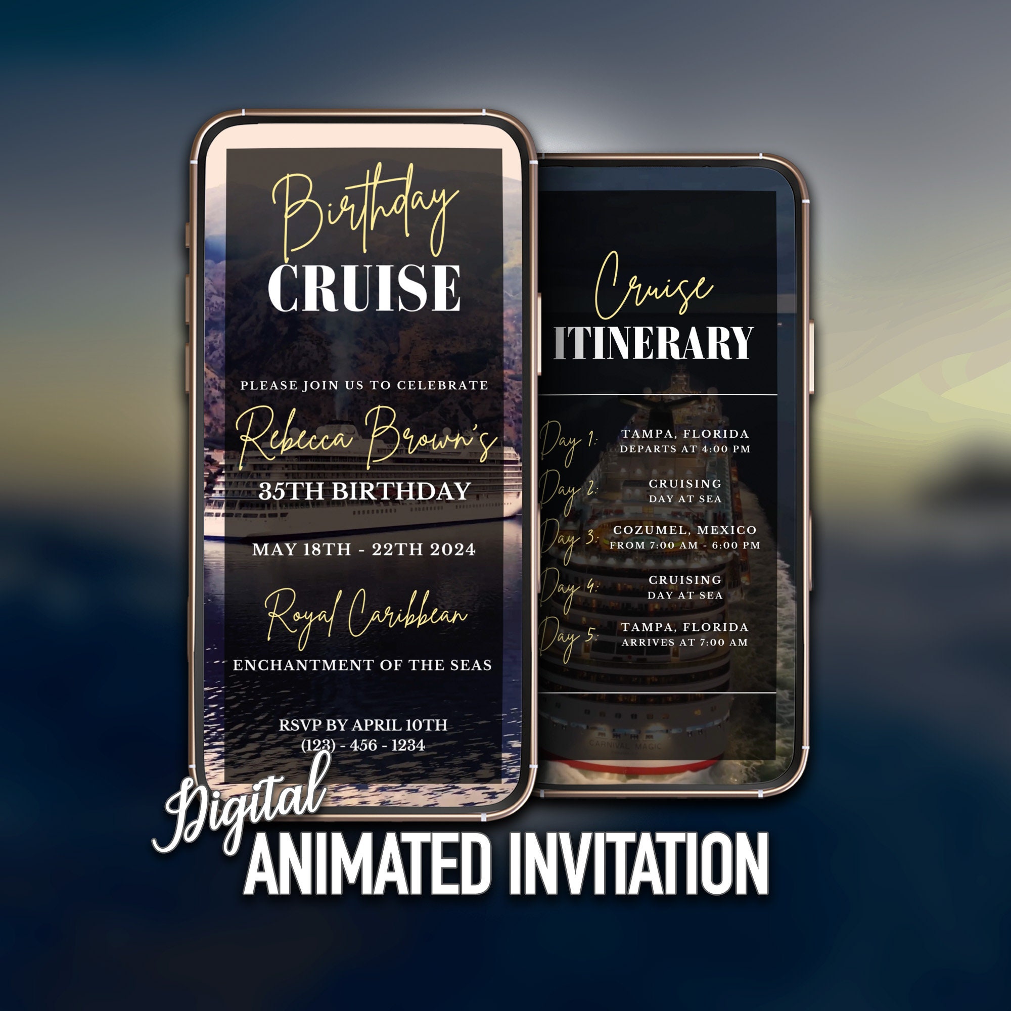Birthday Cruise Invitation,Digital Cruise Itinerary, Animated, Editable Template