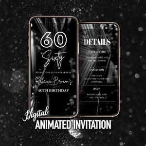 Invitation numérique au 60e anniversaire, invitation modifiable soixante, invitation vidéo, noir et blanc, modèle modifiable, téléchargement instantané