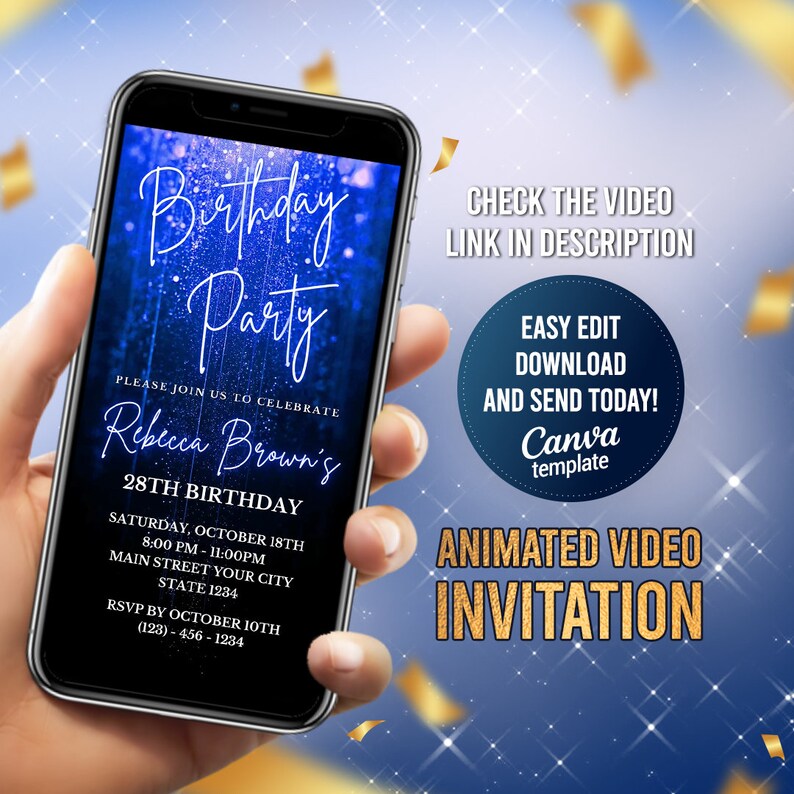 Digital Blue Birthday Party Invitation Electronic Blue Etsy