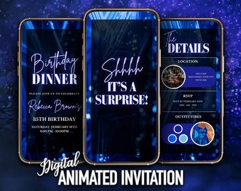 Blue Surprise Birthday Dinner Invitation, Digital Editable Template, Mobile Invitation