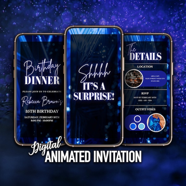 Blue Surprise Birthday Dinner Invitation, Digital Editable Template, Mobile Invitation