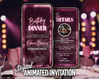 Pink Birthday Dinner Invitation, Digital Dinner Invite, Women Dinner Party, Detailed Birthday Invitation, Animated & Editable, DIY Template