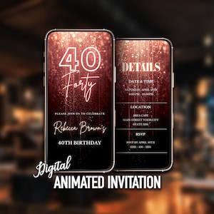 Convite digital para festa de 40 anos, convite feminino de 40 anos, convite eletrônico de aniversário, convite para ela, convite eletrônico com glitter