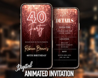 Digital 40th Birthday Party Invitation, Women Forty Birthday Invite, Electronic Birthday Invitation, Invitation for Her, Glitter E-Invite