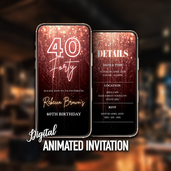 Digital 40th Birthday Party Invitation, Women Forty Birthday Invite, Electronic Birthday Invitation, Invitation for Her, Glitter E-Invite