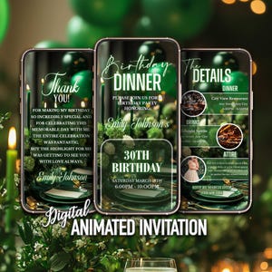 Green Birthday Dinner Invitation, Digital Luxury Birthday Dinner Invite, Party Invitation, Instant Download