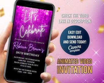 Electronic Let's Celebrate Birthday Video Invitation, Purple Celebrate Digital, Glitter Dripping, Mobile Invitation, Editable Evite, Any Age