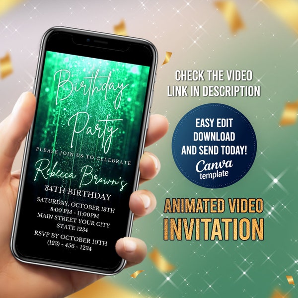 Editable Emerald Green Birthday Party Invitation, Electronic Party Evite, Digital Women Invite, Video Invitation Template, Any Age