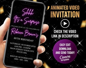 Black Pink Neon Surprise Birthday Invitation, Hot Pink Electronic Invitation, Digital Black and White Mobile Party, White Glitter Evite