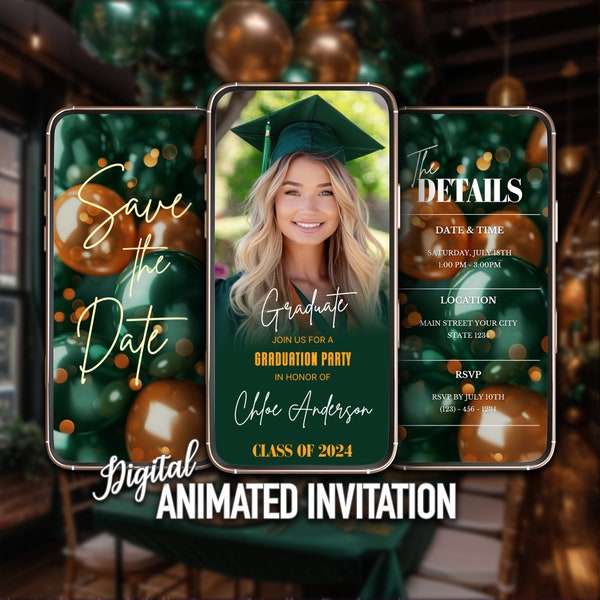 Green Graduation Invitation, Digital Grad Party Invite, Graduation Ceremony, Editable Template