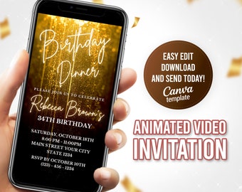 Birthday Dinner Invitation, Editable Birthday Dinner Invite, Gold Dinner Evite, Any Age, Instant Download