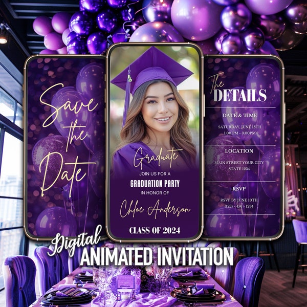 Purple Graduation Invitation, Class of 2024, Editable Graduation Template, Save The Date Grad, Graduation Announcement