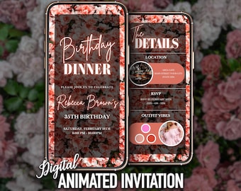 Soft Pink Birthday Dinner Invitation, Digital Birthday Dinner, Invitation for Women, Editable Invite, Animated Birthday