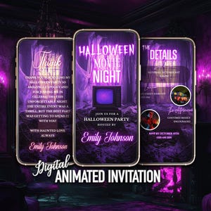 Purple Halloween Movie Night Invitation, Movie Night Party, Editable Halloween Night Invite, Instant Download