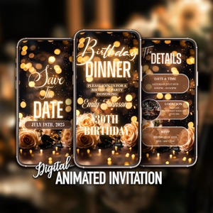 Save the Date Birthday Dinner Invitation, Editable Gold Rose Birthday Dinner Invite, Instant Download