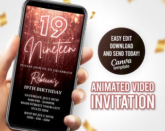 Digital 19th Birthday Invitation, Nineteen Invite, Glitter Birthday Party Invitation, Age Invite, Mobile Evite, Phone Invite