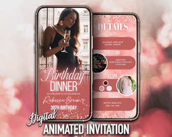 Editable Birthday Dinner Invitation, Digital Dinner Invite, Pink Dinner Evite, With Photo, Editable Template