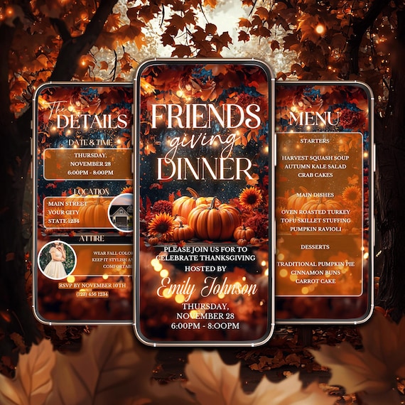 Editable Friendsgiving Invitation with Menu, Digital Thanksgiving Invite, 2024 Thanksgiving, Insant Download