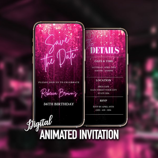 Save The Date Pink Neon Birthday Invitation, Pink Glitter Evite, Electronic Save The Date Party Invite, Pink Neon Video Invitation, Editable