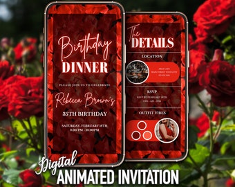 Rode verjaardag diner uitnodiging, digitale verjaardag diner uitnodigen, Red Rose verjaardag, uitnodiging voor vrouwen, bewerkbare sjabloon, Instant Download