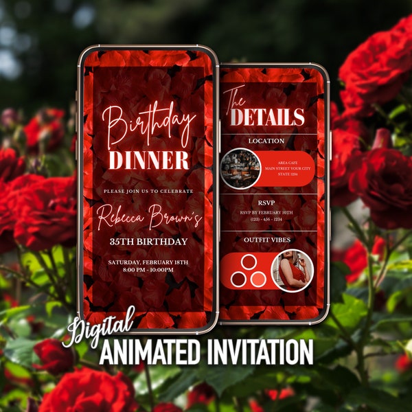 Rode verjaardag diner uitnodiging, digitale verjaardag diner uitnodigen, Red Rose verjaardag, uitnodiging voor vrouwen, bewerkbare sjabloon, Instant Download