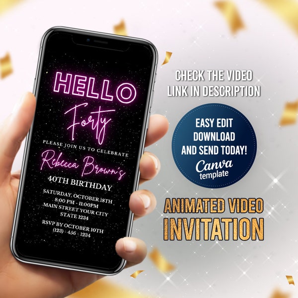 Digital Hello Forty Birthday Invitation, Editable Any Age Invite, Black and Pink, Adult Video Invitation, 30th 40th 50th Invitation, Any Age