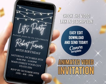 Electronic String Light Birthday Invitation, Minimal Let's Party Invite, Black and White Invitation, Editable Video, Instant Download