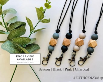 Minimal Lanyard - Hexagon Beech Wood || Beaded Lanyard, Breakaway Lanyard, Teacher Gift, Nurse Gift, Badge Holder, Personalized Lanyard