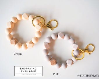 Personalized Silicone Beaded Keychain Wristlet: Engraved Wood Accent