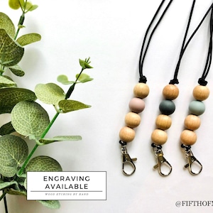 Engraved Lanyard - Wood Collection || Teacher Lanyard,  Nurse Lanyard, Id Badge Holder, Stylish lanyard, Teacher Gift, Beaded Lanyard