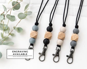 Minimal Lanyard - Hexagon Beech Wood || Beaded Lanyard, Breakaway Lanyard, Teacher Gift, Nurse Gift, Badge Holder, Personalized Lanyard