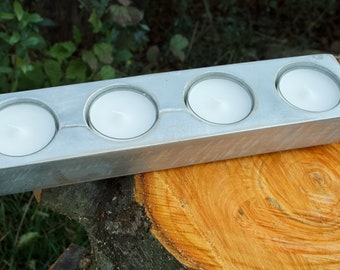 Kerzenhalter SilberFarbe Holz versilbert großes MaxiTeelicht 4x 6cm Handarbeit Leuchter Kerzenleuchter exklusives Geschenk Adventsleuchter