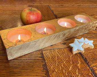 Kerzenhalter Blattgold Holz Eiche vergoldet MaxiTeelicht 4x 6cm Handarbeit Leuchter Kerzenleuchter Exklusiv Adventskranz Adventsleuchter Neu