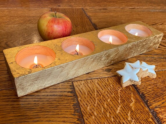 Kerzenhalter Blattgold Holz Eiche Vergoldet Maxiteelicht 4x 6cm Handarbeit Leuchter Kerzenleuchter Exklusiv Adventskranz Adventsleuchter Neu