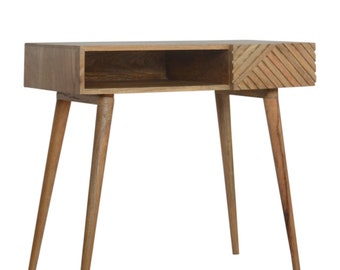 Japandi Oak Carved Line Desk, Home Office, Study 1 drawer Desk. Wooden Desk with shelf, Scandi Furniture