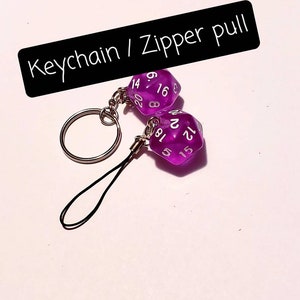 Purple Crystal D20 Keychain or Zipper pull, Charm, Keychain and Custom Gamer RPG Dice
