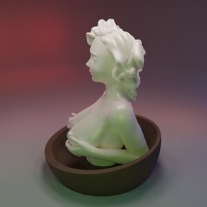 May include: A white ceramic sculpture of a woman's bust with curly hair, sitting in a brown wooden bowl.