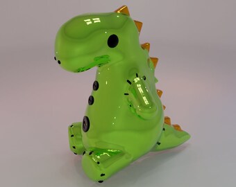 May include: A green, shiny, plastic dinosaur toy with gold accents. The dinosaur has a button-like design on its belly.