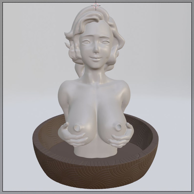 May include: A white ceramic figurine of a woman with her hands clasped around her breasts. The figurine is sitting in a brown, circular dish with a decorative pattern.
