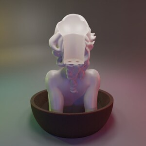 May include: A white plaster bust of a woman with a hollowed-out head, sitting inside a brown wooden bowl.