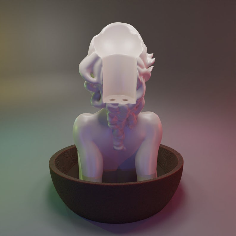 May include: A white plaster bust of a woman with a hollowed-out head, sitting inside a brown wooden bowl.