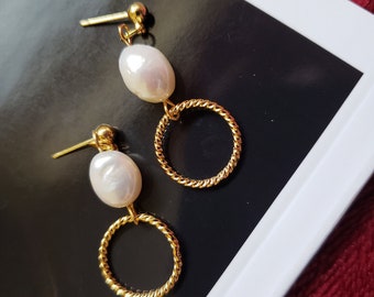 18k Gold Plated Natural Shell or Freshwater Pearl Ballpost Dangle Earrings \\ Masha