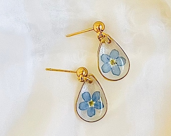 18k Gold Plated, Pressed Forget Me Not Resin Earrings