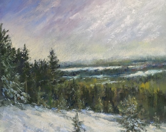 Winter Mountain Pastel Painting: Sierra Pine Tree Forestscape Art (30x40 cm)