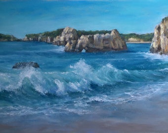 Plage de la mer. Peinture pastel Art mural Décoration intérieure Art contemporain