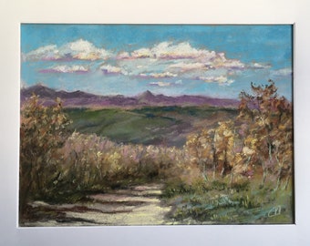 Nord de l’Espagne Peinture au pastel originale Paysage de montagne d’automne Art contemporain AccueilDécoration Idée cadeau Couleurs d’automne Art mural