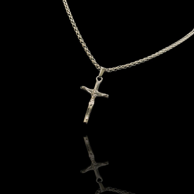 Crucifix Necklace with 3mm Wheat Chain. Silver Stainless Waterproof