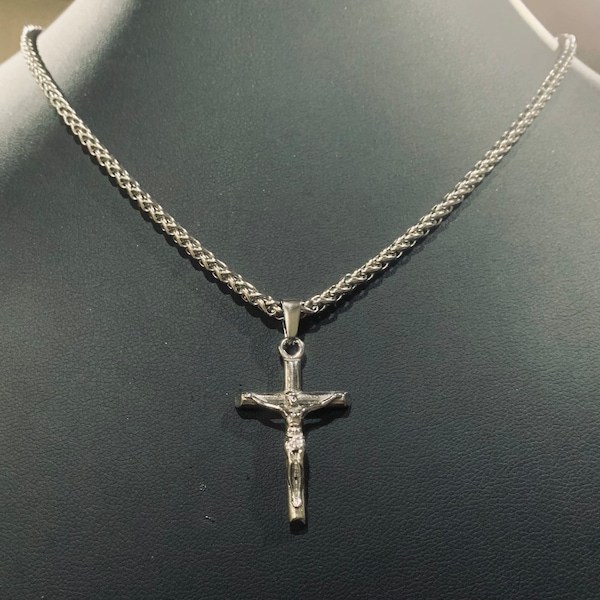 Crucifix Necklace with 3mm Wheat Chain. Silver Stainless Waterproof